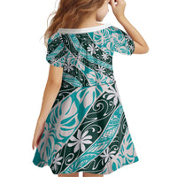 Cyan Tahiti Tiare Monstera Family Matching Off The Shoulder Long Sleeve Dress and Hawaiian Shirt Polynesian Pattern Curve Style - Polynesian Pride
