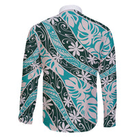 Cyan Tahiti Tiare Monstera Family Matching Off The Shoulder Long Sleeve Dress and Hawaiian Shirt Polynesian Pattern Curve Style - Polynesian Pride