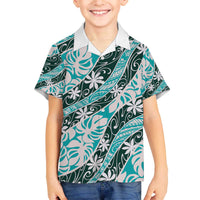 Cyan Tahiti Tiare Monstera Family Matching Off The Shoulder Long Sleeve Dress and Hawaiian Shirt Polynesian Pattern Curve Style - Polynesian Pride