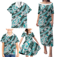 Cyan Tahiti Tiare Monstera Family Matching Puletasi and Hawaiian Shirt Polynesian Pattern Curve Style LT01 - Polynesian Pride