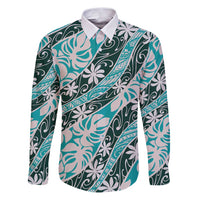 Cyan Tahiti Tiare Monstera Family Matching Puletasi and Hawaiian Shirt Polynesian Pattern Curve Style LT01 Dad's Shirt - Long Sleeve Cyan - Polynesian Pride