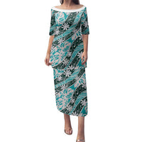 Cyan Tahiti Tiare Monstera Family Matching Puletasi and Hawaiian Shirt Polynesian Pattern Curve Style LT01 Mom's Dress Cyan - Polynesian Pride