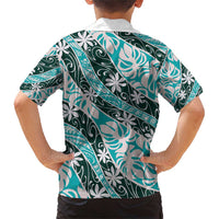 Cyan Tahiti Tiare Monstera Family Matching Short Sleeve Bodycon Dress and Hawaiian Shirt Polynesian Pattern Curve Style - Polynesian Pride