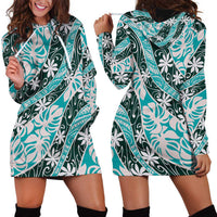 Cyan Tahiti Tiare Monstera Hoodie Dress Polynesian Pattern Curve Style - Polynesian Pride
