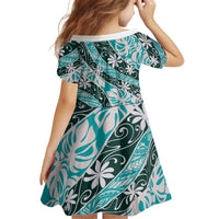 Cyan Tahiti Tiare Monstera Kid Short Sleeve Dress Polynesian Pattern Curve Style LT01 - Polynesian Pride