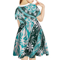 Cyan Tahiti Tiare Monstera Kid Short Sleeve Dress Polynesian Pattern Curve Style LT01 - Polynesian Pride