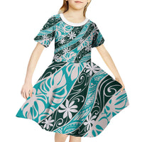 Cyan Tahiti Tiare Monstera Kid Short Sleeve Dress Polynesian Pattern Curve Style LT01 - Polynesian Pride