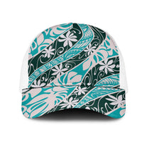 Cyan Tahiti Tiare Monstera Mesh Trucker Cap Polynesian Pattern Curve Style LT01 One Size White Cyan - Polynesian Pride