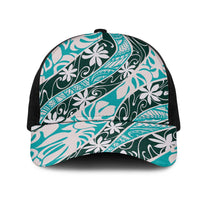 Cyan Tahiti Tiare Monstera Mesh Trucker Cap Polynesian Pattern Curve Style LT01 One Size Black Cyan - Polynesian Pride