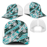 Cyan Tahiti Tiare Monstera Mesh Trucker Cap Polynesian Pattern Curve Style LT01 - Polynesian Pride