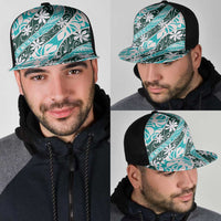 Cyan Tahiti Tiare Monstera Mesh Trucker Cap Polynesian Pattern Curve Style LT01 - Polynesian Pride