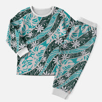 Cyan Tahiti Tiare Monstera Christmas Pajama Set Polynesian Pattern Curve Style - Polynesian Pride