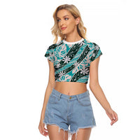 Cyan Tahiti Tiare Monstera Raglan Cropped T Shirt Polynesian Pattern Curve Style - Polynesian Pride