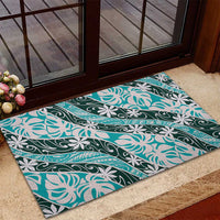Cyan Tahiti Tiare Monstera Rubber Doormat Polynesian Pattern Curve Style - Polynesian Pride