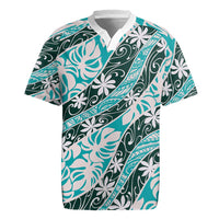 Cyan Tahiti Tiare Monstera Rugby Jersey Polynesian Pattern Curve Style LT01 Cyan - Polynesian Pride