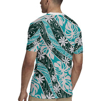Cyan Tahiti Tiare Monstera Rugby Jersey Polynesian Pattern Curve Style LT01 - Polynesian Pride