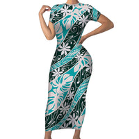 Cyan Tahiti Tiare Monstera Short Sleeve Bodycon Dress Polynesian Pattern Curve Style LT01 Long Dress Cyan - Polynesian Pride