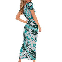 Cyan Tahiti Tiare Monstera Short Sleeve Bodycon Dress Polynesian Pattern Curve Style LT01 - Polynesian Pride