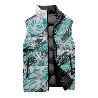 Cyan Tahiti Tiare Monstera Sleeveless Puffer Jacket Polynesian Pattern Curve Style - Polynesian Pride