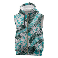 Cyan Tahiti Tiare Monstera Sleeveless Zip Hoodie Polynesian Pattern Curve Style LT01 Cyan - Polynesian Pride