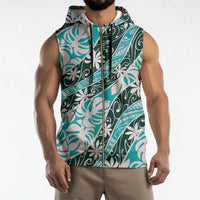 Cyan Tahiti Tiare Monstera Sleeveless Zip Hoodie Polynesian Pattern Curve Style LT01 - Polynesian Pride
