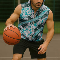 Cyan Tahiti Tiare Monstera Sleeveless Zip Hoodie Polynesian Pattern Curve Style LT01 - Polynesian Pride