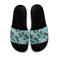 Cyan Tahiti Tiare Monstera Slide Sandals Polynesian Pattern Curve Style - Polynesian Pride