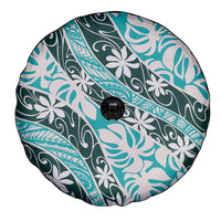Cyan Tahiti Tiare Monstera Spare Tire Cover Polynesian Pattern Curve Style - Polynesian Pride