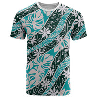 Cyan Tahiti Tiare Monstera T Shirt Polynesian Pattern Curve Style LT01 Cyan - Polynesian Pride
