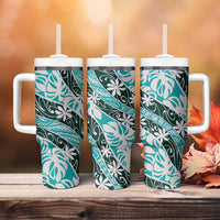 Cyan Tahiti Tiare Monstera Tumbler With Handle Polynesian Pattern Curve Style - Polynesian Pride