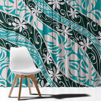 Cyan Tahiti Tiare Monstera Window Curtain Polynesian Pattern Curve Style - Polynesian Pride