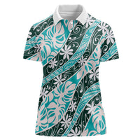 Cyan Tahiti Tiare Monstera Women Polo Shirt Polynesian Pattern Curve Style LT01 Female Cyan - Polynesian Pride