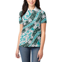 Cyan Tahiti Tiare Monstera Women Polo Shirt Polynesian Pattern Curve Style LT01 - Polynesian Pride