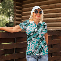 Cyan Tahiti Tiare Monstera Women Polo Shirt Polynesian Pattern Curve Style LT01 - Polynesian Pride
