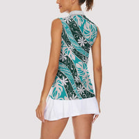 Cyan Tahiti Tiare Monstera Women Sleeveless Polo Shirt Polynesian Pattern Curve Style - Polynesian Pride