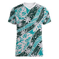 Cyan Tahiti Tiare Monstera Women V-Neck T-Shirt Polynesian Pattern Curve Style LT01 Female Cyan - Polynesian Pride