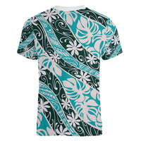 Cyan Tahiti Tiare Monstera Women V-Neck T-Shirt Polynesian Pattern Curve Style LT01 - Polynesian Pride