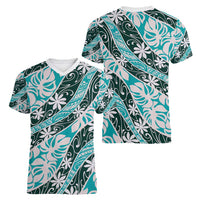 Cyan Tahiti Tiare Monstera Women V-Neck T-Shirt Polynesian Pattern Curve Style LT01 - Polynesian Pride