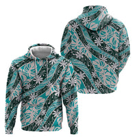 Cyan Tahiti Tiare Monstera Zip Hoodie Polynesian Pattern Curve Style - Polynesian Pride