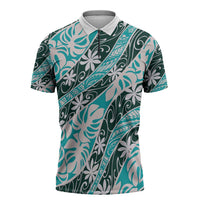 Cyan Tahiti Tiare Monstera Zipper Polo Shirt Polynesian Pattern Curve Style - Polynesian Pride
