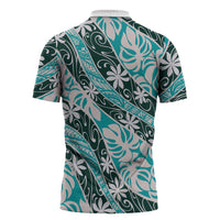 Cyan Tahiti Tiare Monstera Zipper Polo Shirt Polynesian Pattern Curve Style LT01 - Polynesian Pride