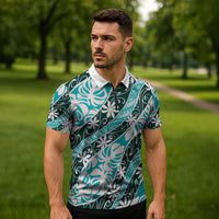 Cyan Tahiti Tiare Monstera Zipper Polo Shirt Polynesian Pattern Curve Style LT01 - Polynesian Pride