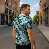 Cyan Tahiti Tiare Monstera Zipper Polo Shirt Polynesian Pattern Curve Style LT01 - Polynesian Pride