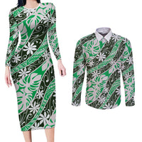 Matie Tahiti Tiare Monstera Couples Matching Long Sleeve Bodycon Dress and Long Sleeve Button Shirt Polynesian Pattern Curve Style - Polynesian Pride