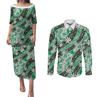 Matie Tahiti Tiare Monstera Couples Matching Puletasi and Long Sleeve Button Shirt Polynesian Pattern Curve Style LT01 Green - Polynesian Pride