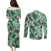 Matie Tahiti Tiare Monstera Couples Matching Puletasi and Long Sleeve Button Shirt Polynesian Pattern Curve Style LT01 - Polynesian Pride