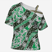 Matie Tahiti Tiare Monstera Cross Shoulder Shirt Polynesian Pattern Curve Style LT01 Female Green - Polynesian Pride