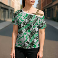 Matie Tahiti Tiare Monstera Cross Shoulder Shirt Polynesian Pattern Curve Style LT01 - Polynesian Pride