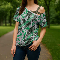 Matie Tahiti Tiare Monstera Cross Shoulder Shirt Polynesian Pattern Curve Style LT01 - Polynesian Pride