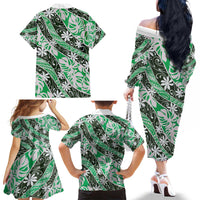 Matie Tahiti Tiare Monstera Family Matching Off The Shoulder Long Sleeve Dress and Hawaiian Shirt Polynesian Pattern Curve Style - Polynesian Pride